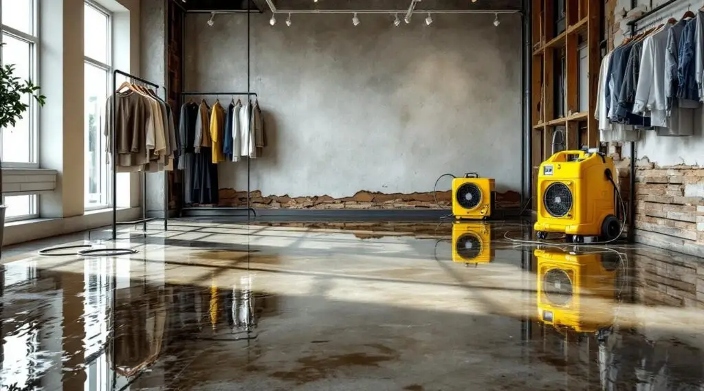 Commercial restoration technicians drying a flooded retail showroom floor in Centennial using industrial air movers.