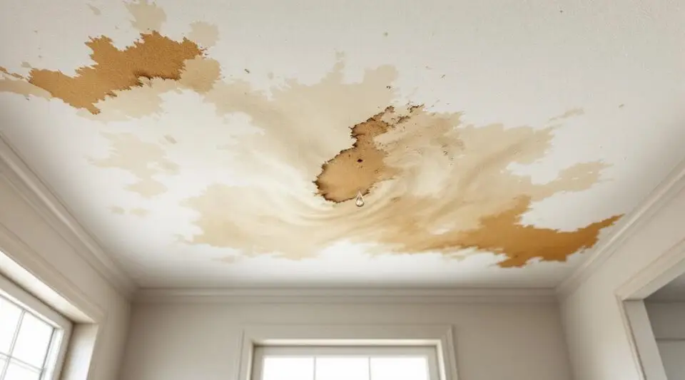 A restoration technician inspecting a water-damaged plaster ceiling with a moisture meter in a Centennial home.