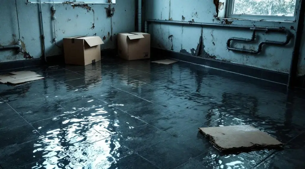 Water extraction technician pumping standing water out of a flooded Centennial basement with professional truck-mounted equipment