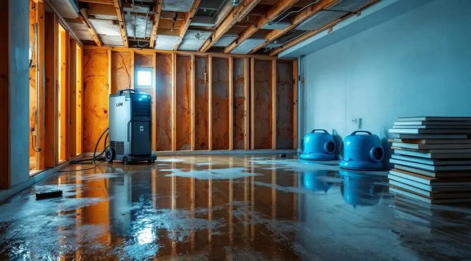 Complete Control Restoration technicians extracting water from a flooded Centennial basement using professional drying gear.