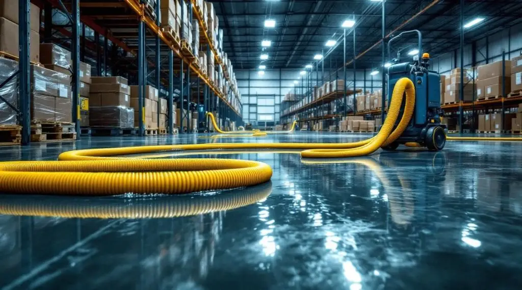 Industrial water extraction technicians using truck-mounted pumps on a flooded concrete warehouse floor in Centennial.