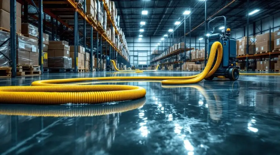 Industrial water extraction technicians using truck-mounted pumps on a flooded concrete warehouse floor in Centennial.
