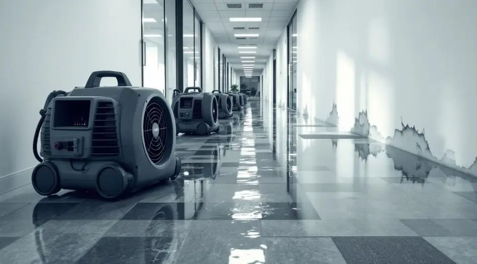Commercial restoration crew extracting water from carpeted office hallway in Centennial using truck-mount extractor.