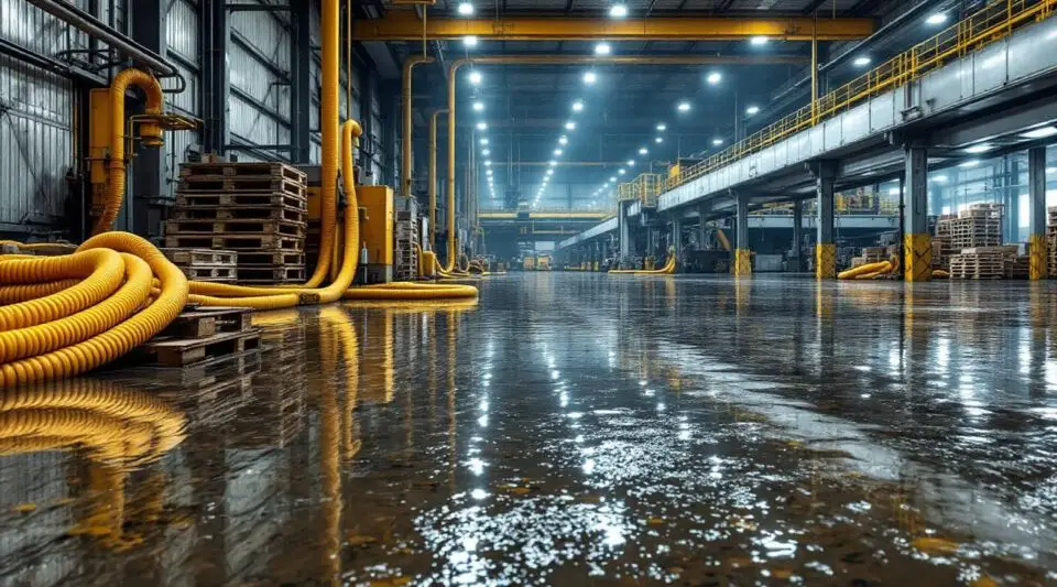 Commercial restoration technicians using high-capacity water extraction equipment in a flooded Centennial warehouse facility.