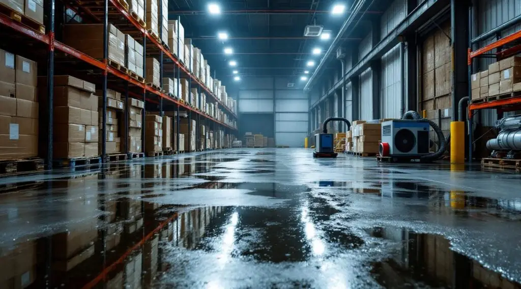 Industrial water extraction equipment and commercial air movers drying a large concrete warehouse floor in Centennial.