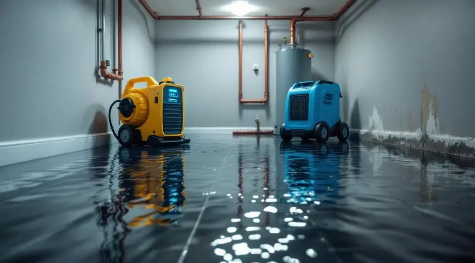 Complete Control Restoration technician setting up a commercial air mover in a flooded Centennial basement, focused mood.