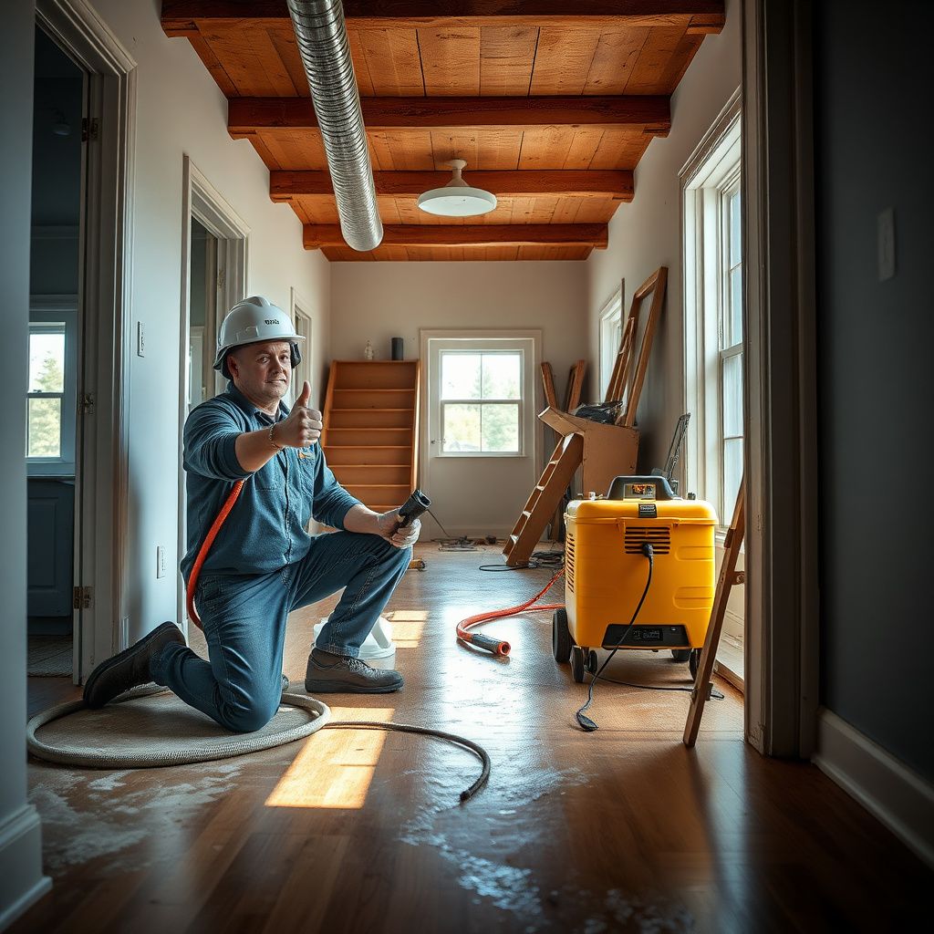 A professional dehumidifier and air movers set up in a Greenwood Village basement to dry saturated drywall.