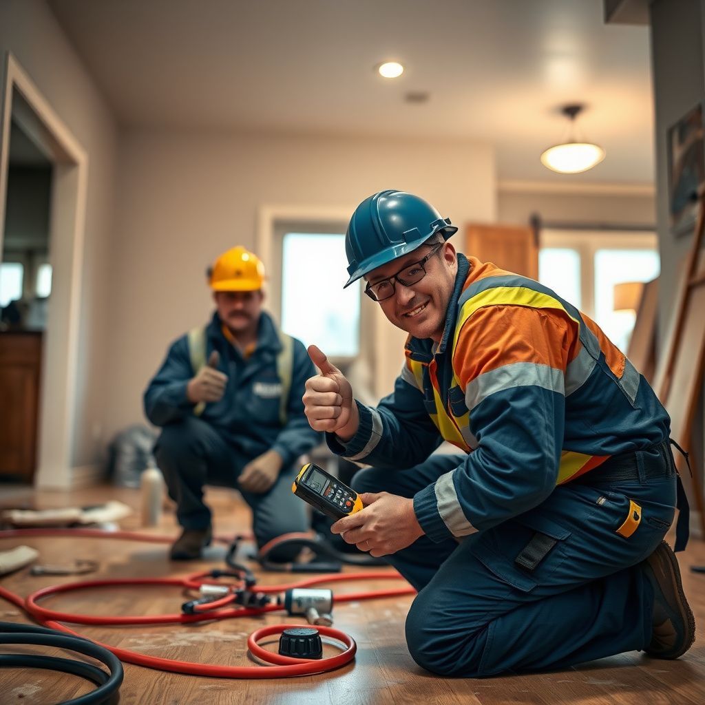 A professional moisture meter being used to check for hidden water damage behind a basement wall.