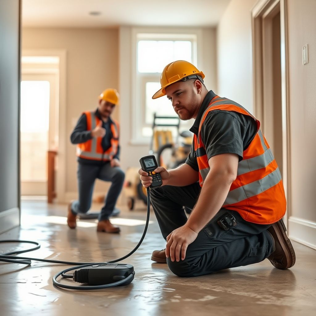 A technician using a moisture meter to check for hidden water damage behind a drywall cavity in a Littleton basement.