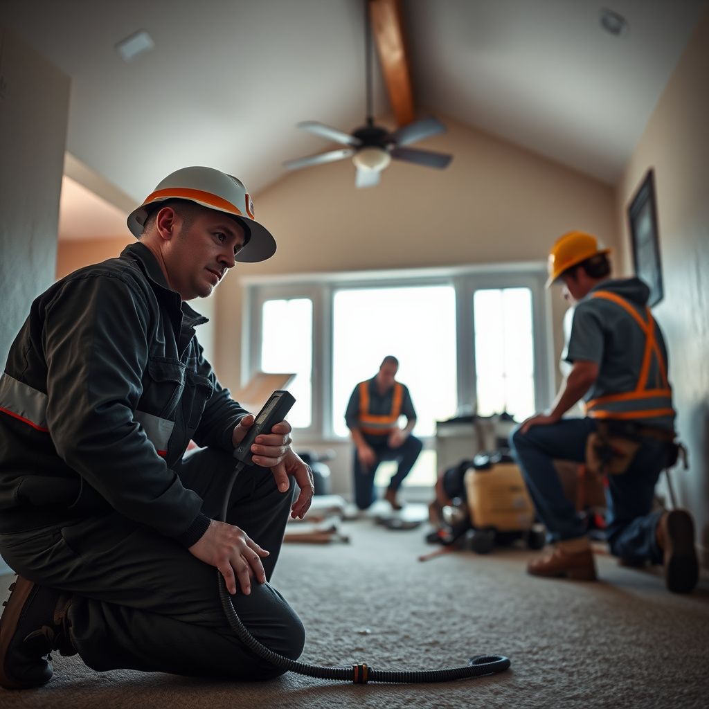 An experienced restoration technician using a thermal imaging camera to detect hidden moisture behind a drywall wall in a Castle Rock home.